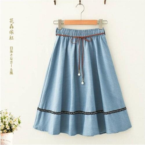 2021 New Spring Women vintage Denim Skirt Japan Style Mori Girl Elastic Waist A-line Midi Skirt