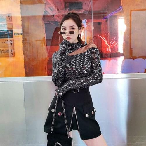 2020 Spring and Summer Sexy T Shirt Women Sequins Skinny Long Sleeve T Shirt Women Hollow Out Shoulder