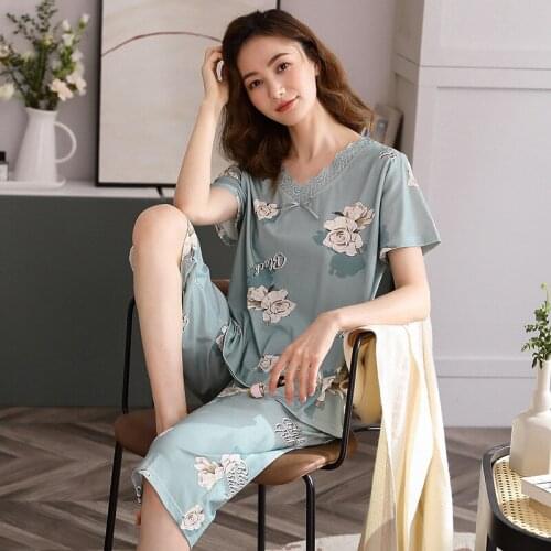 Plus Size 3XL Women Cotton Pajamas Sets 2PCS Sexy Print V-Neck T-Shirt&Shorts Pyjamas Sleep Suit Nightwear Summer Home Sleepwear