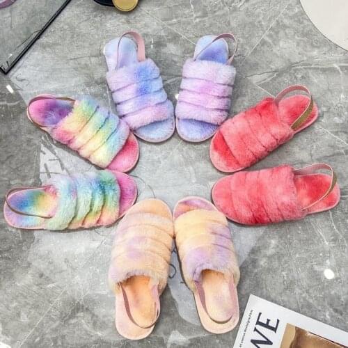 Women Fashion Plush Furry Ainbow Slippers Fluffy Sandals Indoor Home Fur Slippers Winter Warm Slippers Women