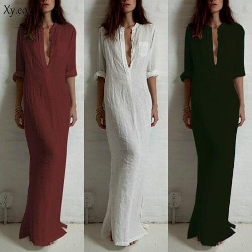 Womens Deep V Neck Long Sleeve Ladies Solid Loose Casual Beach Party Maxi Dress