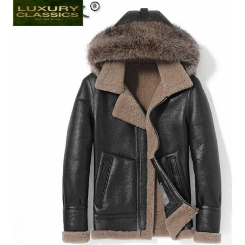 2021 Natural Fur Coat Men Vintage Sheep Shearling Jacket Hooded Mens Clothing Raccoon Dog Fur Collar 2021 Veste Homme 494