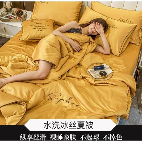 4PCS Set Air Condition Quilts Duvet New 100% Silk Bed Linens Summer Solid Bedding Summer Comforter Washed Cotton Throw Blankets