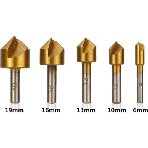 5pcs 90 Degree 6/10/13/16/19mm Countersink Drill Bit Set Carbon Steel Round Shank 1 Flute Drill Bit Wood Chamfering Cutter