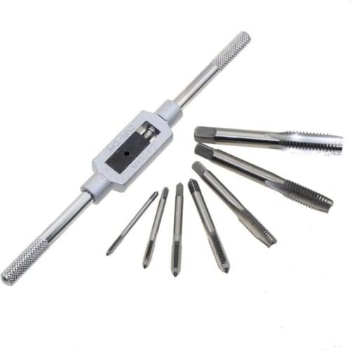 8pcs 3F Thread Metric Machine Hand Screw Thread Plug Taps Set M3 M4 M5 M6 M8 M10 M12 with Adjustable Tap Wrench 1/16-1/2