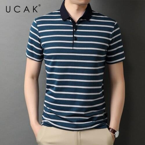 UCAK Brand Classic Turn-down Collar Striped T Shirt Men Clothes Summer Fashion Tops Streetwear Casual Soft Tshirt Homme U5486