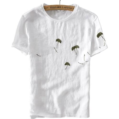 Embroidery linen t-shirt men Italy style brand fashion men t shirt flax white M-3XL soft breathable tshirt male free shipping