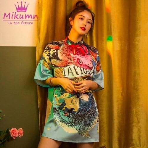 Gothic Harajuku Retro Cartoon Print Pattern Loose Chinese Style Stand Collar Half Sleeve Short Cheongsam Dress Female Vestidos