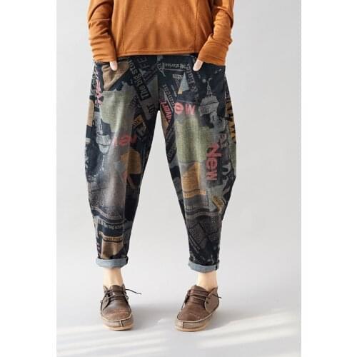 Cotton Denim Harem Pants Women Plus Size Graffiti Boyfriend Pants Female Elastic High Waist Hip Hop Crotch Jeans Pants Trousers