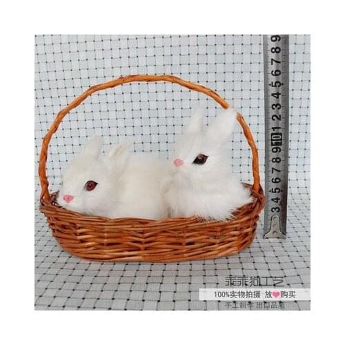 Simulation cute white rabbit with basket 14x19x10cm model polyethylene&furs rabbit model home decoration props ,model gift d815