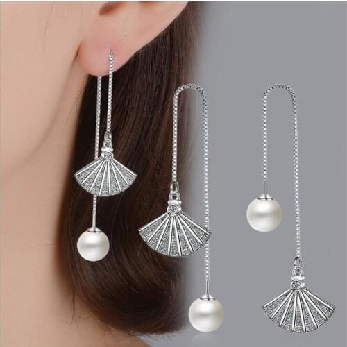 KOFSAC New Charm 925 Silver Earrings For Women Elegant Sector Shiny Crystal CZ Pearl Eardrop Long Tassel Ear Line Jewelry Gifts