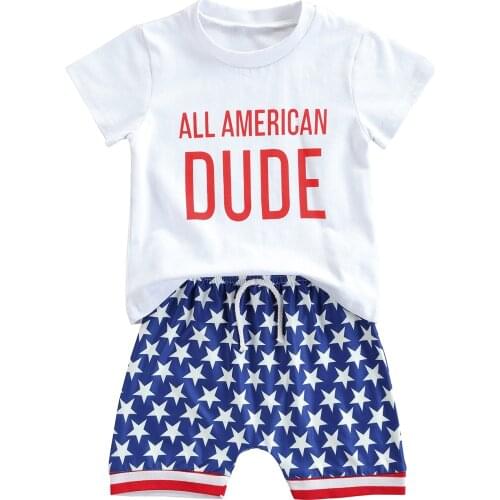 Citgeett Summer Kids Boys Casual Two-piece Clothes Set White Short Sleeve Tops and Shorts Independence Day Clothes Set
