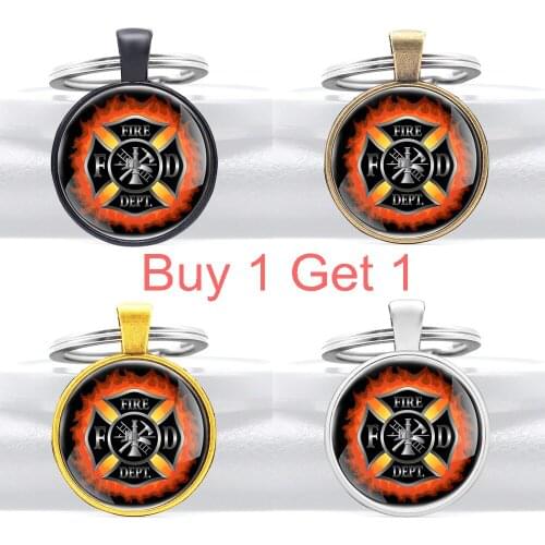 Buy 1 Get 1 Gold Classic Fire Dept. Glass Dome Pendant Key Chain Charm Men Women Firemen Jewelry Gifts Key Rings