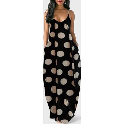 Summer Dress 2021 Women Sexy Sling Sleeveless V Neck Maxi Long Dresses Casual Loose Bohemian Dot Printed Vestidos Plus Size Robe