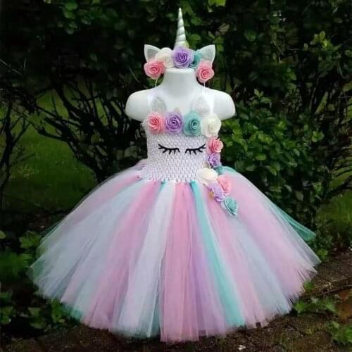 Cute Baby Unicorn Flower Tutu Dress Girls Crochet Pastel Tulle Dress with Hairbow Kids Birthday Party Costume Cosplay Dresses