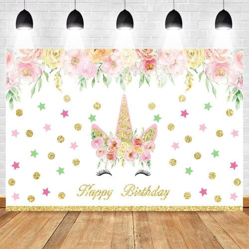 MOCSICKAFloral Unicorn Photo Background Happy Birthday Backdrop for Children Adult Flowers Star Gold Point Glitter Unicorn