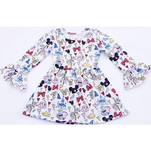 New Fall/Winter Grils 100% Cotton Clothes Mouse Angel Bow Elephant Print Baby girls Dress Long Sleeve Ruffle Dress Boutique