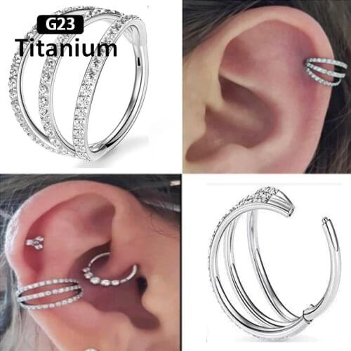 New G23 Titanium Hinged Segment Zircon stone 3 Fans Out Design Side Nose Ring Stud Cartilage Helix Fashion Piercing Jewelry 16G