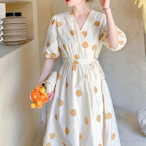 Slim polka dot print V-neck dress women summer French waist lace mid-length dress women high-quality elegant puff sleeve dress
