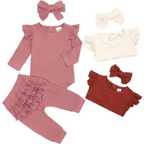 Toddler Clothing Kids Baby Girl 2021 Autumn Fashion Solid Romper Ruffle Pants + Headbands Outfits 3PCS Sets For Newborns Suit