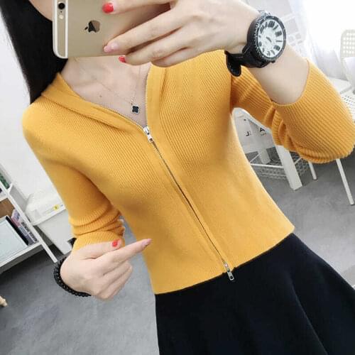 Solid Color Knit Cardigan Jacket Womens Hooded Zipper Spring Long Sleeve Tops Sexy Slim Female All-match Autumn Bottoming Shirt