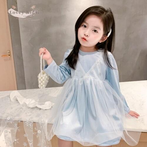 2020 Autumn Baby Girl Dresses 2PCS With Cape Sweet Tutu Mesh Tulle Star Print Blue Long Sleeve Dress Frozen Princess Costume