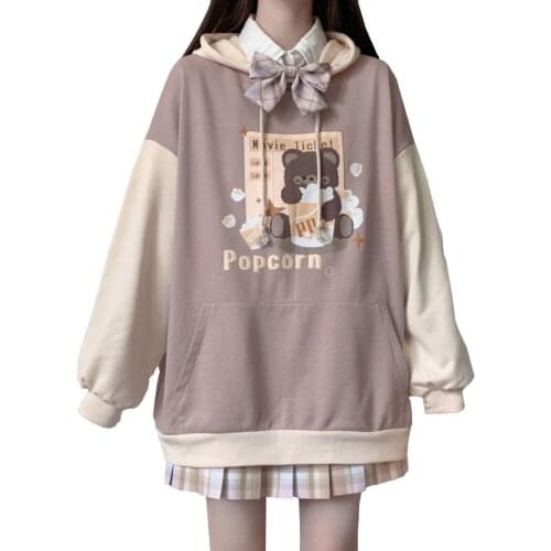 Oversize Patchwork Hoodies Harajuku Kawaii Style Cartoon Print Pullover Korean Fashion Long Sleeve Women Spring Autumn Clothing