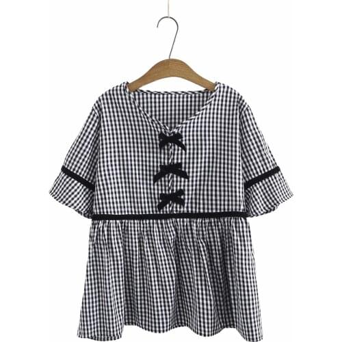 Plus size bow plaid cotton women loose blouse 2021 new summer casual V-Neck short sleeve ladies pullover shirts female tops