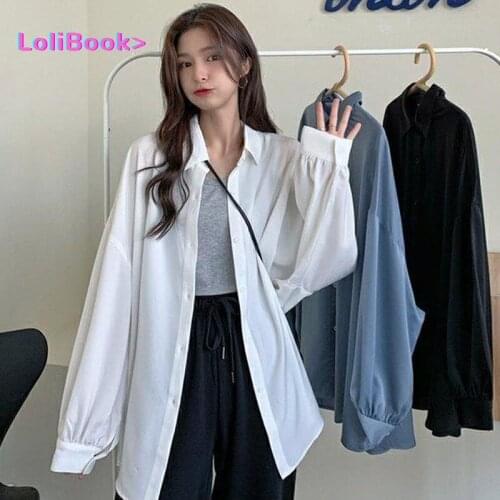 Lolibook All-match Autumn Korean Style Female Shirts Women Loose Breathable Fashion Long Lantern Sleeve Solid Minimalist Tops
