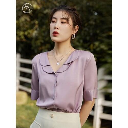 DUSHU Office Lady Silk Purple Shirt Womens Short Sleeve 2021 Summer New V-neck Simple Casual Women Tops Clothes