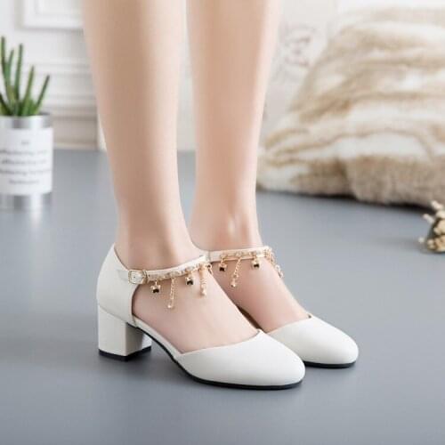 PXELENA Chunky Block Med Heels Girls Sandals Women Round Toe Chains Ankle Strap 2018 Summer Women Sandals Comfort Shoes 34-43