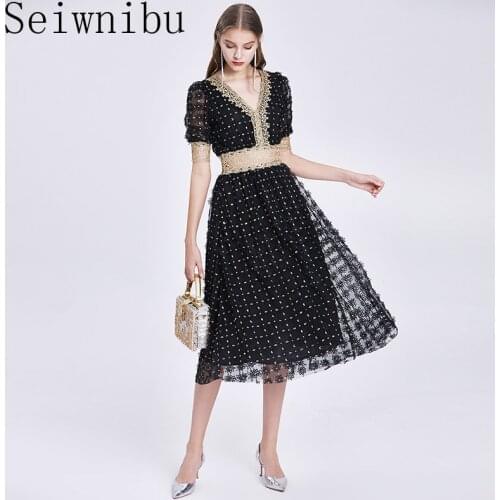 Elegant Patchwork Print Dresses Female V Neck Lantern Half Sleeve High Waist Hollow Out Dress Women Fashion Tide