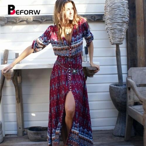 BEFORW Bohemia V-neck Long Maxi Women Dresses Floral Print Ethnic Beach Womens Summer Fashion Split Sexy dress Female Clothing