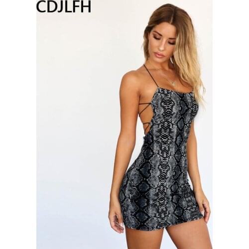 Summer Dress Sexy Cross Bandage Backless Snake Print Dress Women Strap Sleeveless Halter Animal Print Party Club Bodycon Dresses