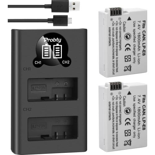 2Pcs 1800mah LP-E8 LPE8 LP E8 Battery Batterie + LED Dual Charger for Canon EOS 550D 600D 650D 700D X4 X5 X6i X7i T2i T3i