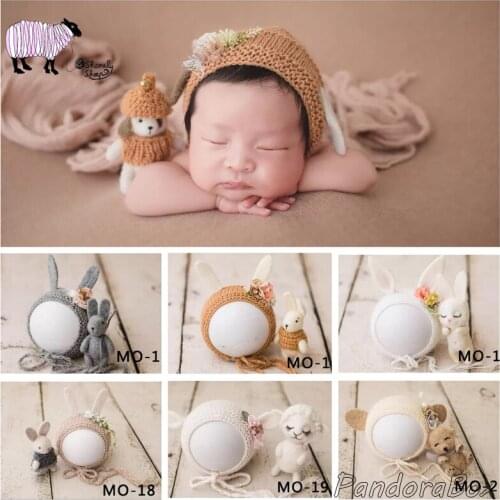 Handmade Floral Hat+Cartoon Doll Set Newborn Photography Props Baby Boy Girl Photo Shoot Posing Headband Props foto Accessories