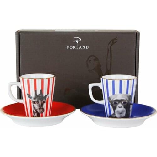 Porland Porcelain Wild Life Monkey&Giraffe 2 Person Coffee Cup Set Turkish Coffee Espresso 2 Cups + 2 Saucers %100 Original