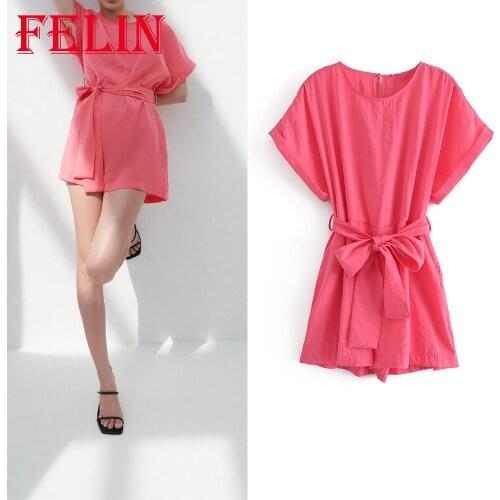 FELIN Za 2021 Streetwear Chic Pink Women Dress Playsuits Summer Short Sleeve Bow Sashes Mini Jumpsuits Wide Leg Shorts Rompers