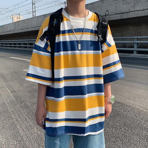 2021 Summer Oversize Rainbow T-Shirt Korean Funny Harajuku Strip Tshirt Streetwear Men Japan Hip Hop Loose Funny T shirts Males