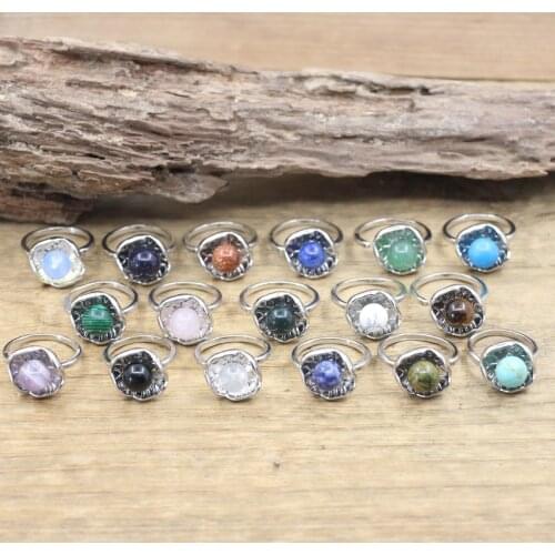 Reiki Healing Crystal Round Bead Lotus Leaf Shape Open Rings Sodalite Opal Amethysts Lapis Adjustable Ring Women Jewelry,QC4119
