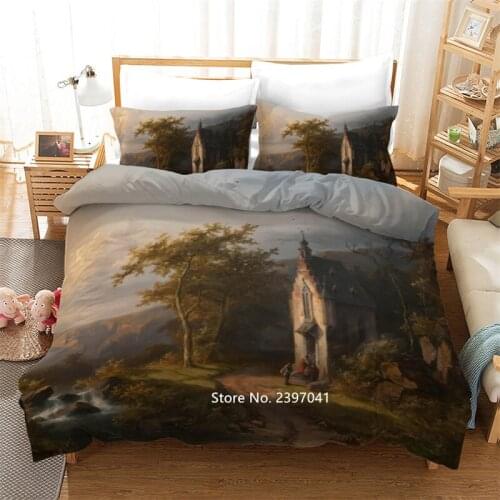 Oil Painting Animal Horse Landscape Landscape Tree House Bedding Set 2-3 Pieces Down Bed Cover Pillowcase Adult Home Textile