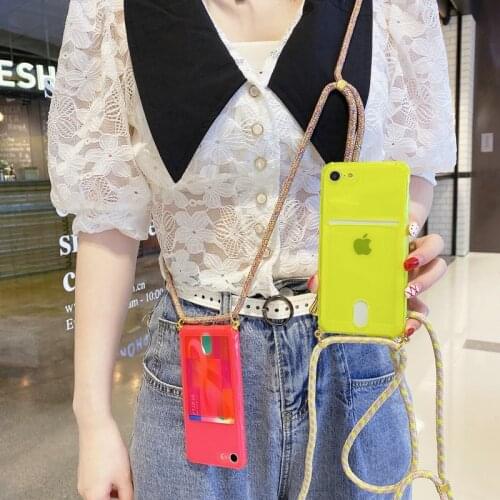 Korea Neon Color Card Pocket Strap Phone Case For iPhone12pro 11 XSMAX 78PLUS SE2020 XR 6S Full Cover Skinny Shell Protection