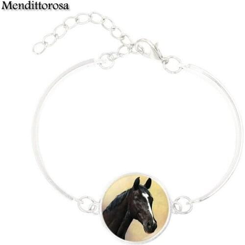 Mendittorosa Horse New Brand Jewelry With Glass Cabochon Statement Black Leather Bracelet Bangle For Women Gift