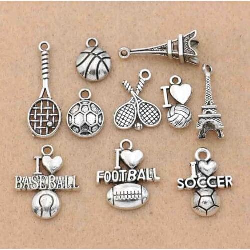 Mix Tibetan Silver Plated Love Football Soccer Baseball Tower Charms Pendants Jewelry Making Accessories Handmade Crafts DIY