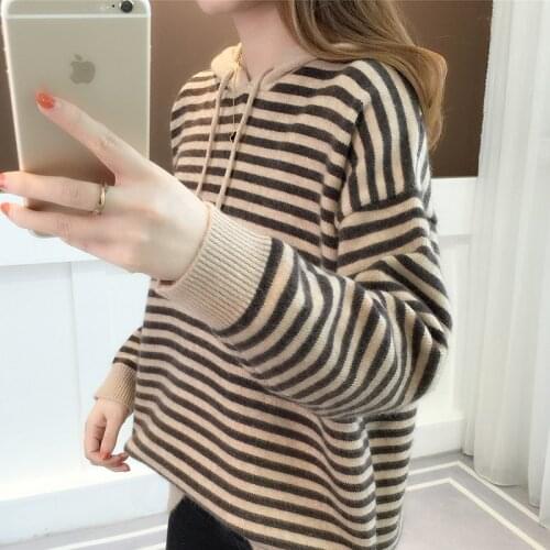 Fashion Knitting Sweaters Hooded Womens Short Loose Striped Knit Tops 2021 New Arrival Pullover Long Sleeved Jumper Mujer