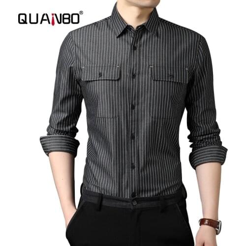 2020 Autumn New Mens Regular-Fit Long-Sleeve Striped Shirt Fashion Turndown Collar Pocket Decoration Business Casual Shirt