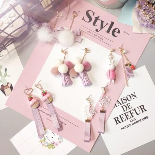 Autumn and winter princess style original new earrings Japanese plush earrings pink purple ribbon rabbit cake earrings