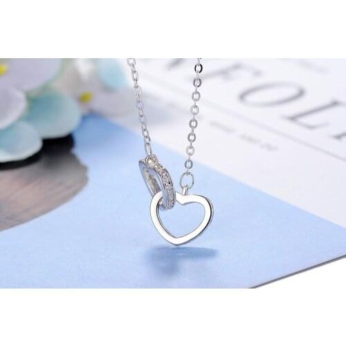 925 Silver filled Double Heart Circle CZ Zirconia Pendants Necklaces for Women Gift Kolye Choker Chain Collares Long Necklace