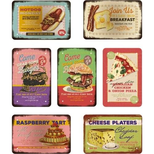 Pizza/Coffee/Hot Dog/Burger/Beer Vintage Breakfast Metal Signs Retro Plaque Wall Cafe Snack Bar House Decor Billboard Poster