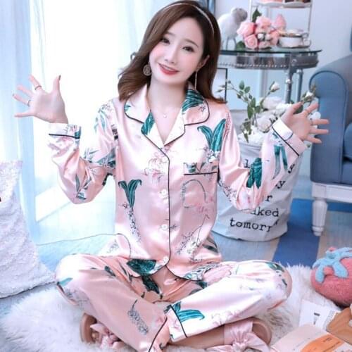 Faux Silk Pajamas Womens Nightwear Sets 2020 New Spring Autumn Lapel Long Sleeve Top & Pants 2 Piece Set Pyjamas Home Service